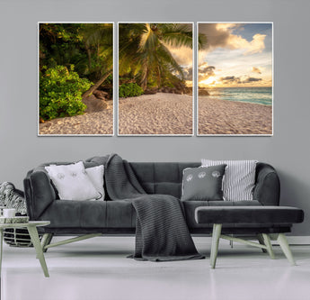 89531159-MGV-CV-36X24-Tropical Beach Sunset Canvas Wall Art – Palm Trees Golden Sand Ocean Waves Coastal Paradise Print for Beach House Bedroom Bathroom