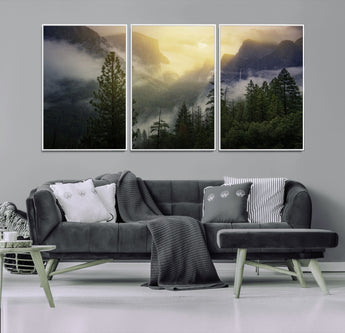 38316884-MGV-CV-36X24-Landscape Wall Art – Misty Mountain Valley Canvas Print, Scenic Pine Forest and Sunrise Photography Decor for Bedroom, Living