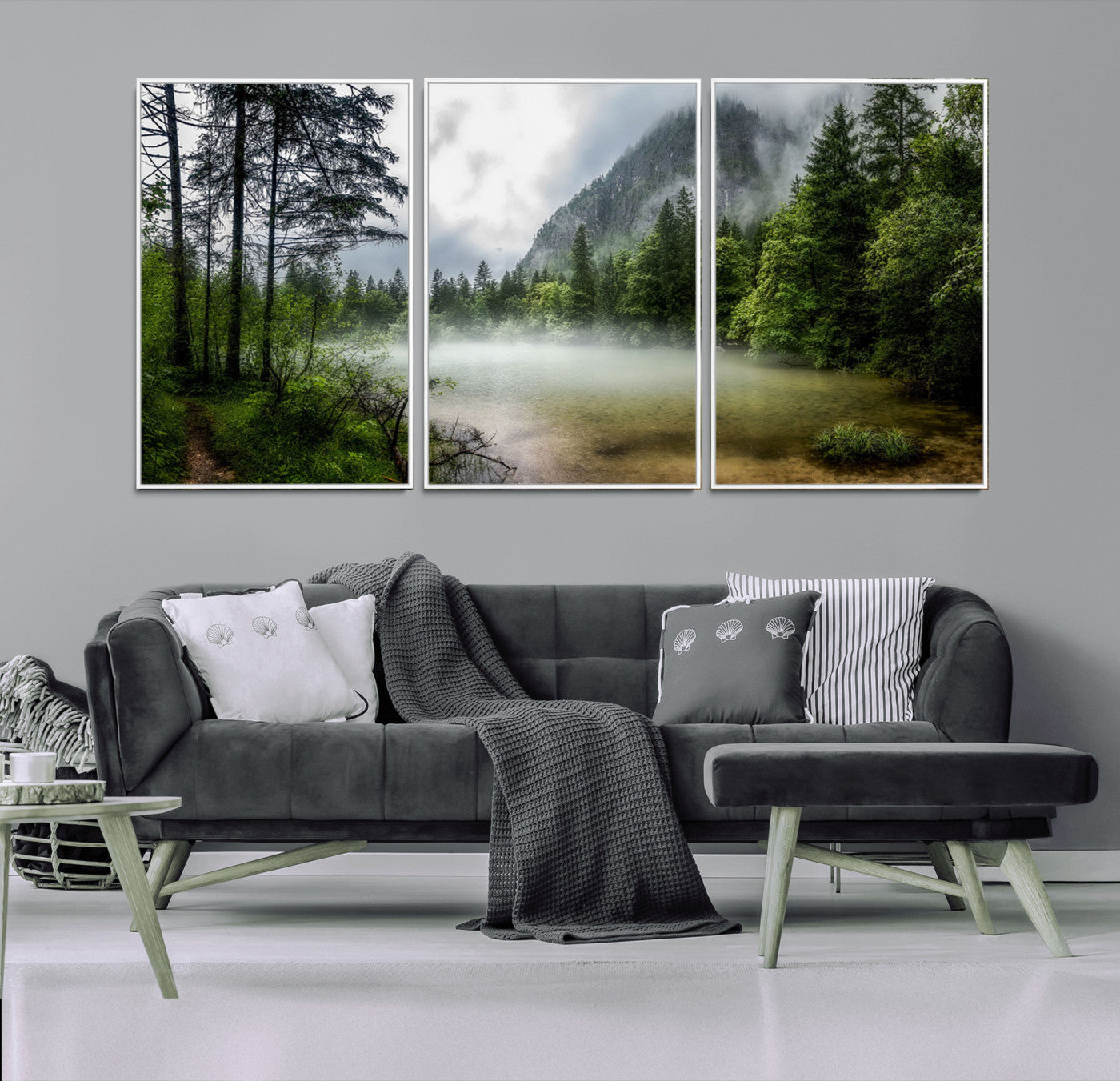 93123937-MGV-CV-36X24-Landscape Wall Art – Misty Mountain Lake Canvas Print, Tranquil Forest and Waterfall Photography Decor for Bedroom, Living Room,