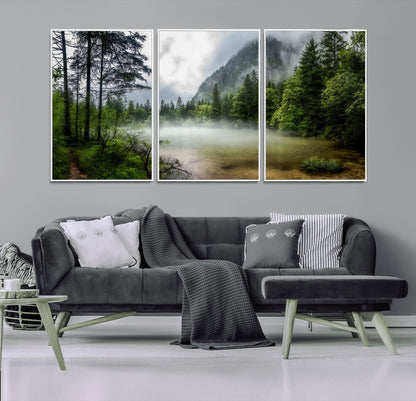 93123937-MGV-CV-36X24-Landscape Wall Art – Misty Mountain Lake Canvas Print, Tranquil Forest and Waterfall Photography Decor for Bedroom, Living Room,