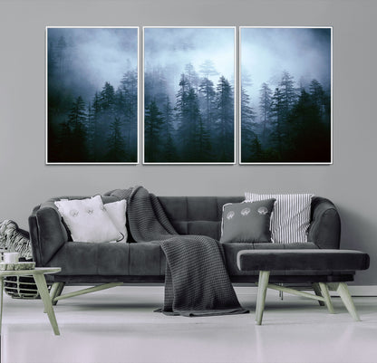 93439624-MGV-CV-36X24-Forest Wall Art – Misty Pine Trees Canvas Print, Moody Nature Photography Decor for Bedroom, Living Room, Office, Cabin, Lodge or