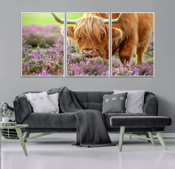 64069351-MGV-FC-60X30-3P_White-Farmhouse Wall Art – Highland Cow in Wildflowers Canvas Print, Rustic Country Cattle Photography Decor for Bedroom, Living Room,