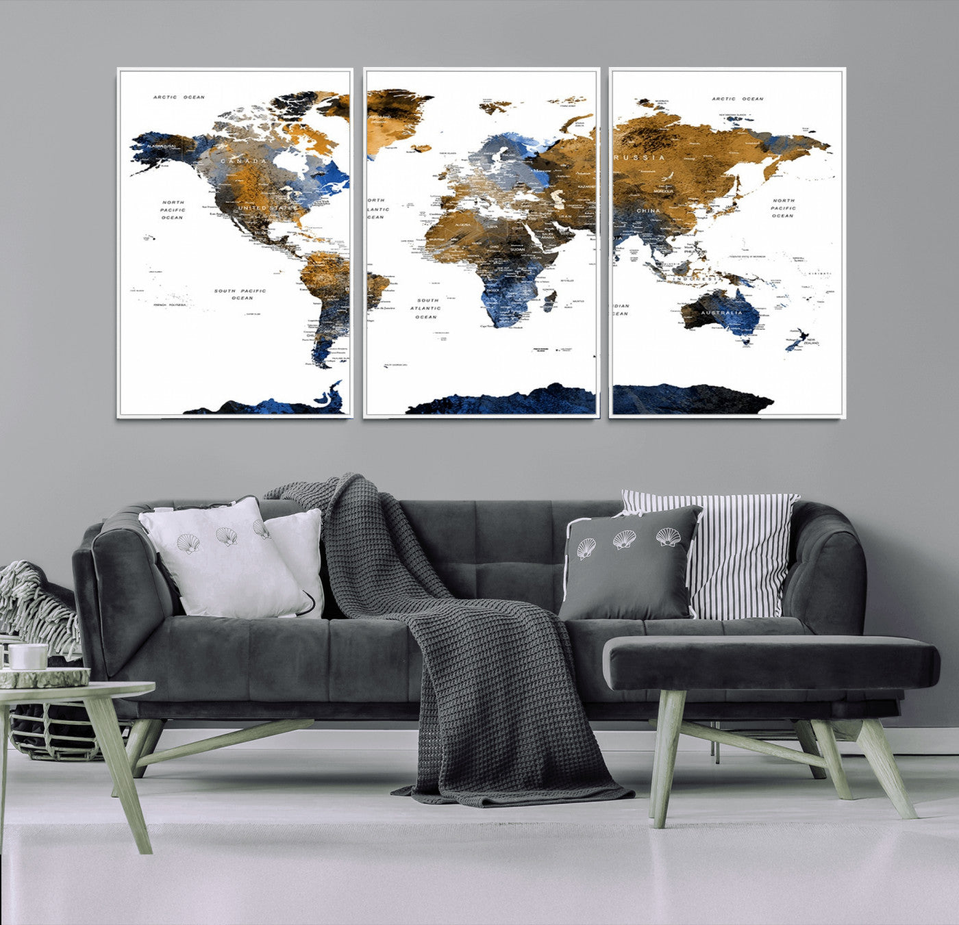 MGV-FC-60X30-3P - World Map Wall Art Canvas Print, Framed Blue Gold Map Art Picture Print, Rustic Atlas Perfect Rustic Modern Decor Artwork
