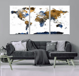 MGV-FC-60X30-3P - World Map Wall Art Canvas Print, Framed Blue Gold Map Art Picture Print, Rustic Atlas Perfect Rustic Modern Decor Artwork