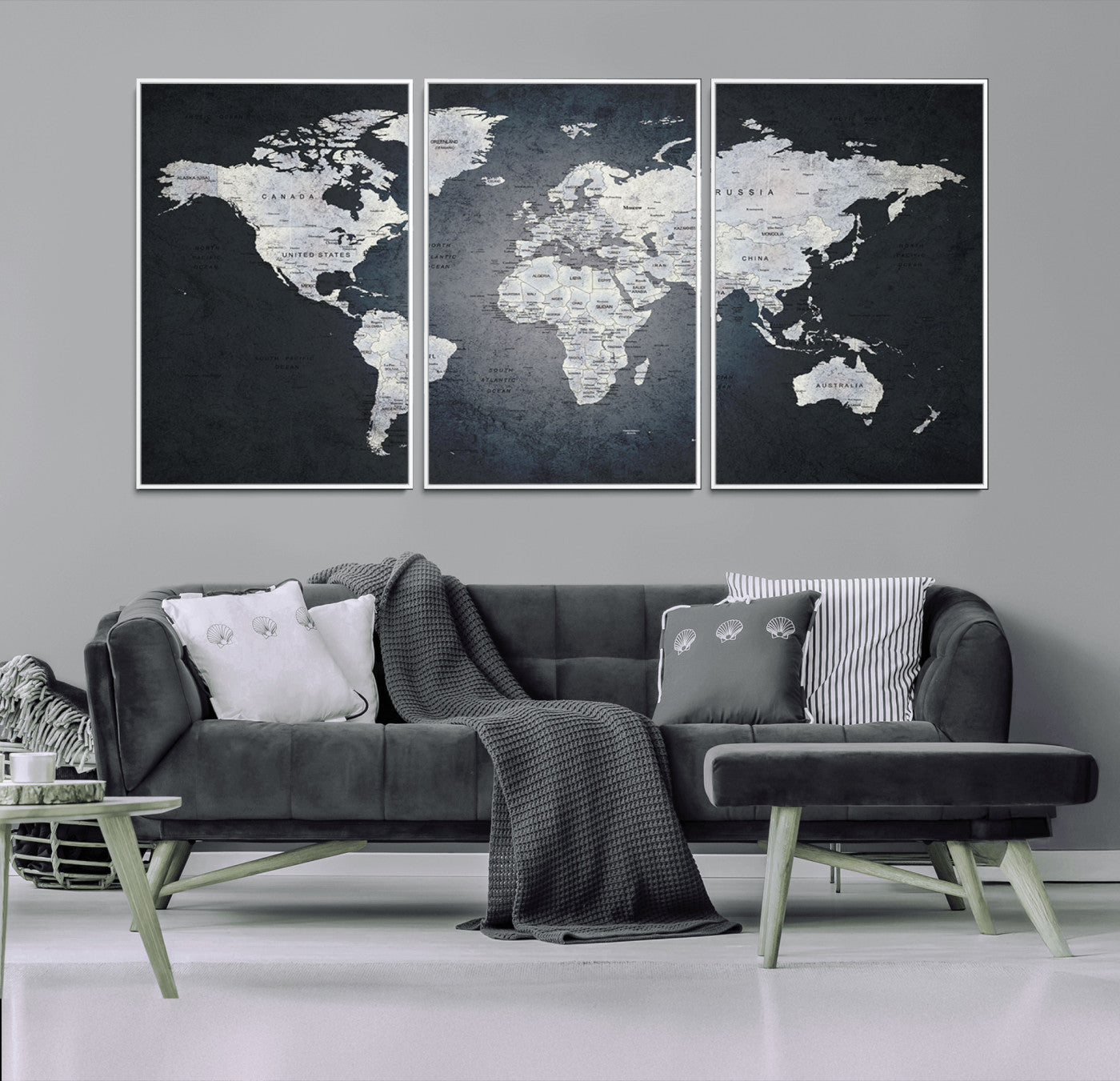 MGV-FC-60X30-3P - Monochrome World Map Wall Art Canvas Print, Framed Minimalist Map Art Picture Print, Modern Atlas Perfect Modern Minimalist Decor Artwork
