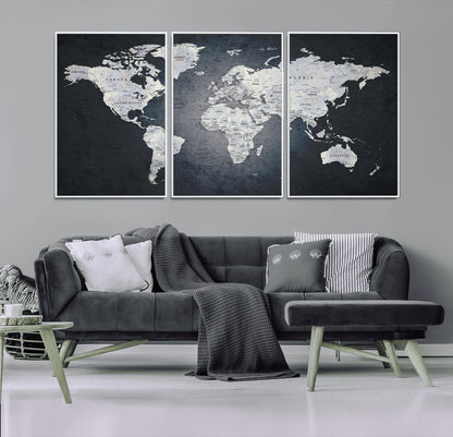 MGV-FC-60X30-3P - Monochrome World Map Wall Art Canvas Print, Framed Minimalist Map Art Picture Print, Modern Atlas Perfect Modern Minimalist Decor Artwork