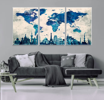 MGV-FC-60X30-3P - Blue World Map Wall Art Canvas Print, Framed Iconic Landmarks Art Picture Print, Blue Globe Map Perfect Elegant Explorer Decor Artwork