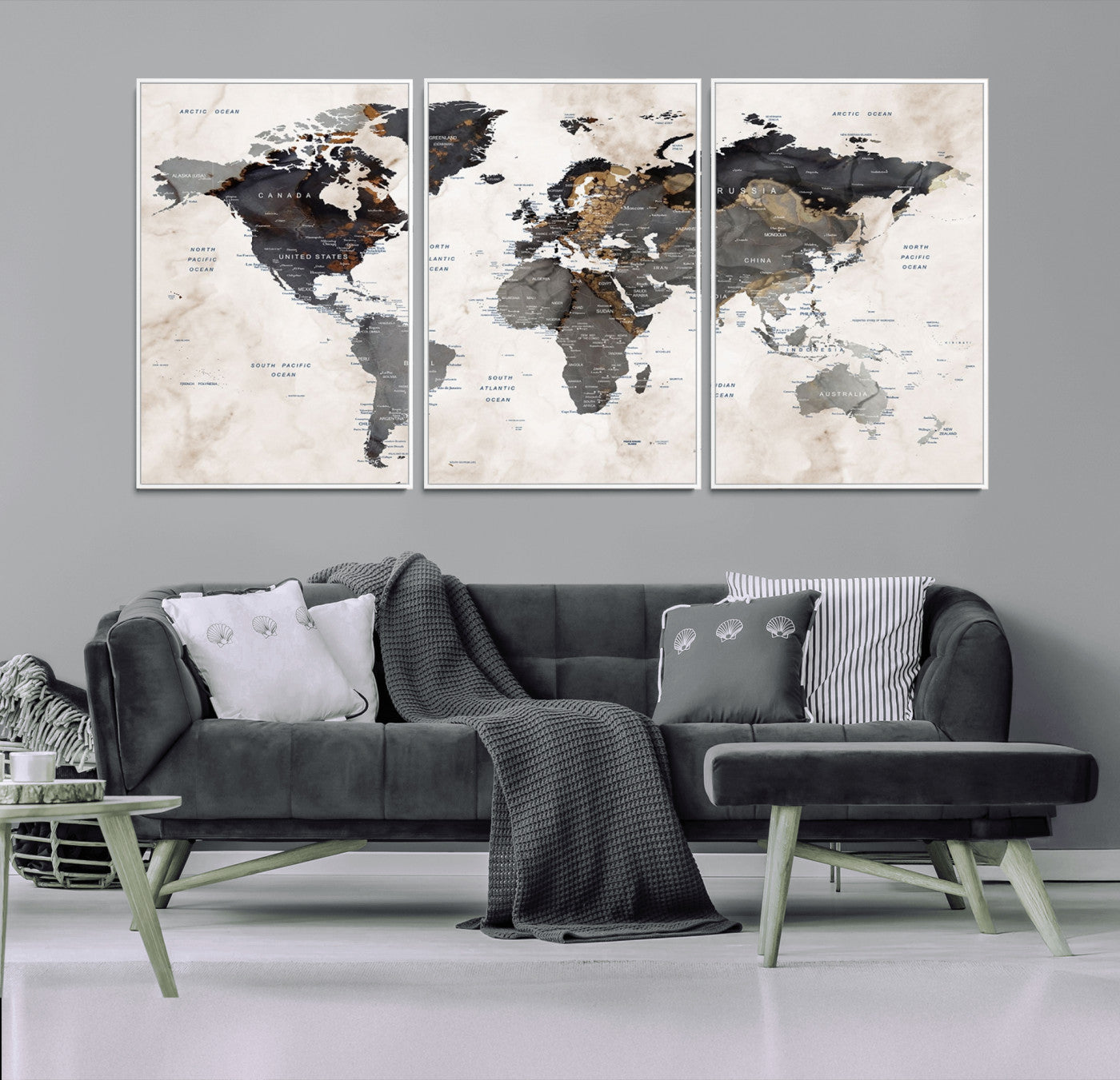 MGV-FC-60X30-3P - World Map Wall Art Canvas Print, Framed Rustic Map Art Picture Print, Antique Map Perfect Rustic Explorer Decor Artwork