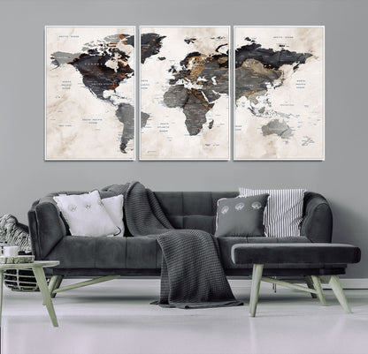MGV-FC-60X30-3P - World Map Wall Art Canvas Print, Framed Rustic Map Art Picture Print, Antique Map Perfect Rustic Explorer Decor Artwork