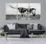 83785-MGV-FC-60X30-3P_White-Texas Longhorn Wall Art Canvas Print, Framed Horned Bull Art Picture Print, Monochrome Cattle Perfect Rustic Western Decor Artwork