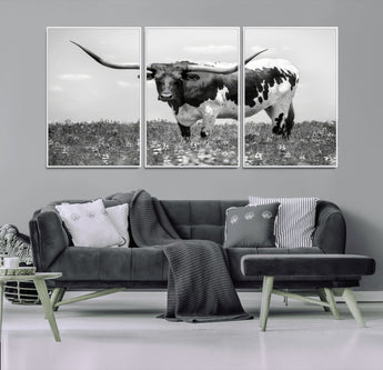 83785-MGV-FC-60X30-3P_White-Texas Longhorn Wall Art Canvas Print, Framed Horned Bull Art Picture Print, Monochrome Cattle Perfect Rustic Western Decor Artwork