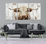 10840-MGV-CV-36X24-Texas Longhorn Wall Art Canvas Print, Framed Rustic Bull Art Picture Print, Western Cattle Perfect Rustic Western Decor Artwork