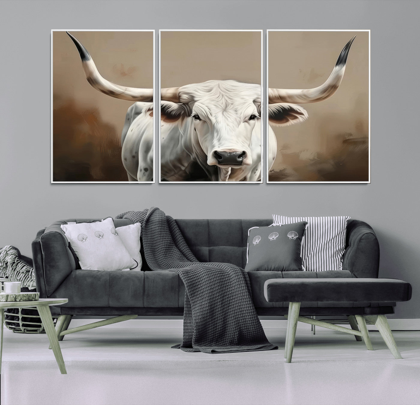 63550-MGV-CV-36X24-Texas Longhorn Wall Art Canvas Print, Framed White Bull Art Picture Print, Horned Cattle Perfect Rustic Western Decor Artwork