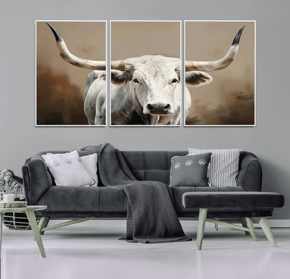 63550-MGV-CV-36X24-Texas Longhorn Wall Art Canvas Print, Framed White Bull Art Picture Print, Horned Cattle Perfect Rustic Western Decor Artwork