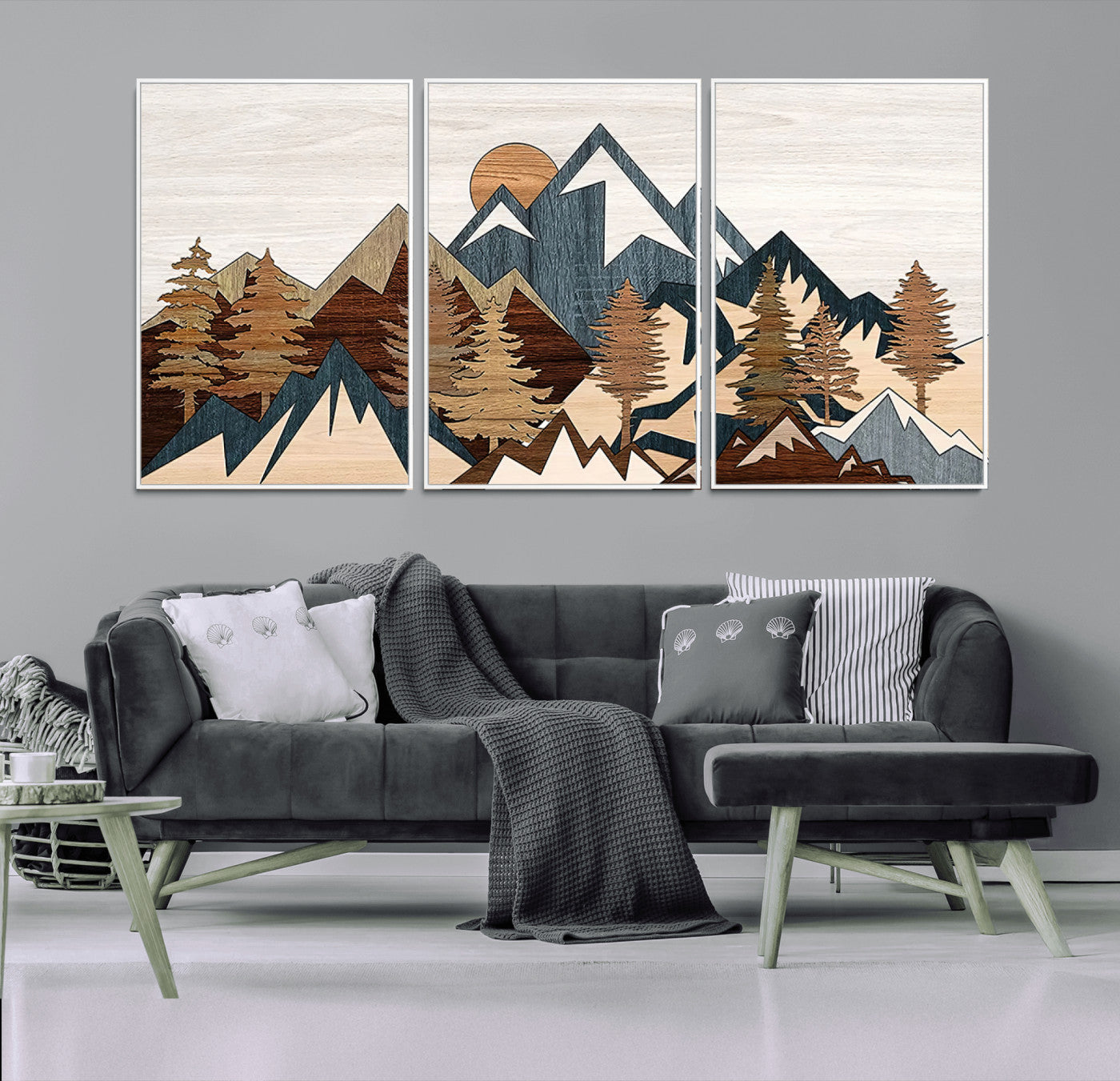 80300-MGV-CV-36X24-Geometric Mountains Wall Art Canvas Print, Framed Stylized Trees Art Picture Print, Graphic Forest Perfect Rustic Abstract Decor