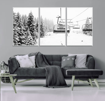 49274-MGV-FC-60X30-3P_White-Snowy Forest Wall Art Canvas Print, Framed Ski Lift Art Picture Print, Mountain Snow Perfect Minimal Winter Lodge Decor Artwork