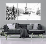 49274-MGV-FC-60X30-3P_White-Snowy Forest Wall Art Canvas Print, Framed Ski Lift Art Picture Print, Mountain Snow Perfect Minimal Winter Lodge Decor Artwork