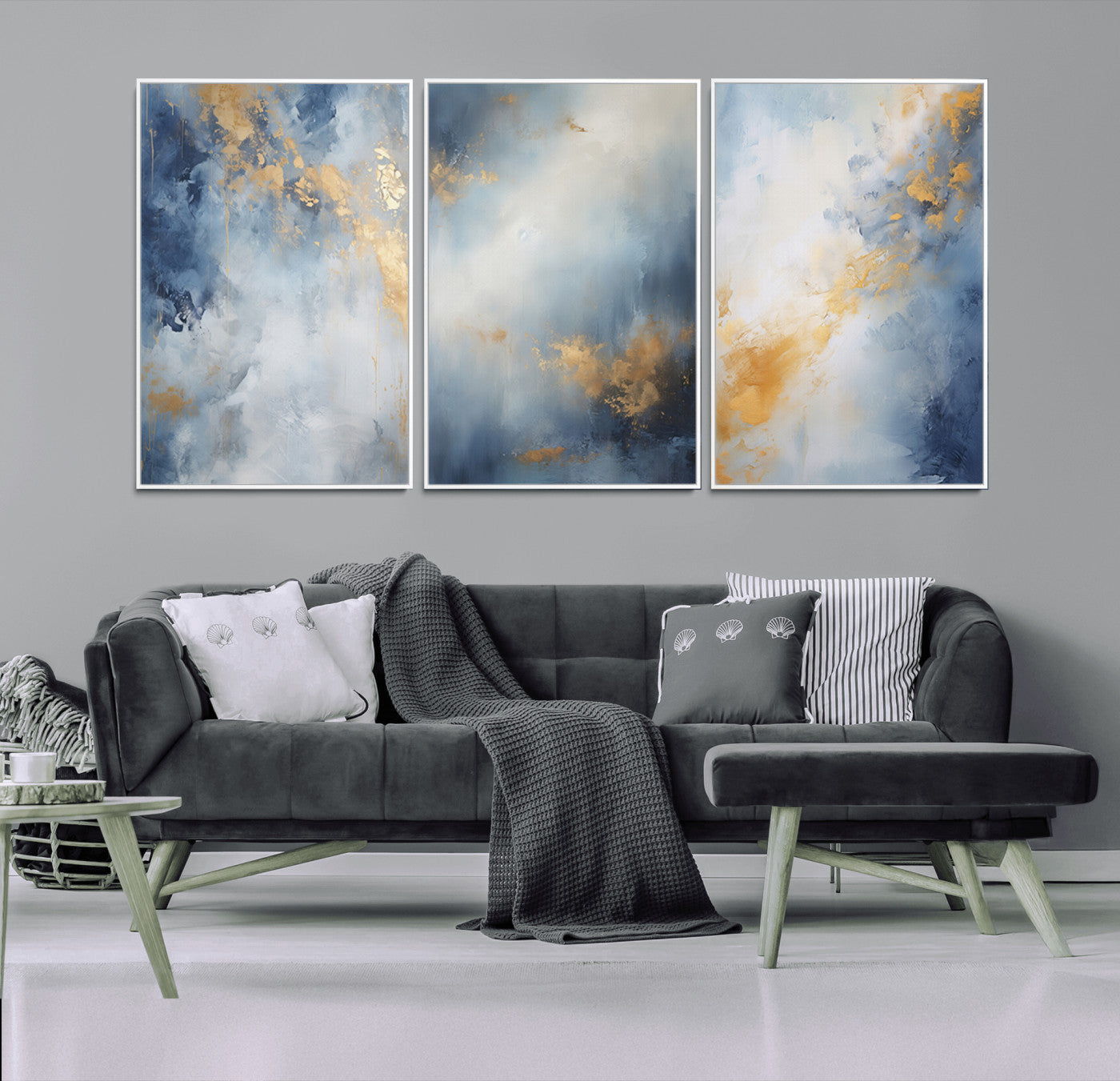 41836-MGV-FC-60X30-3P_White-Abstract Gold Wall Art Canvas Print, Framed Blue Layers Art Picture Print, Elegant Cloud Perfect Elegant Minimalist Decor Artwork