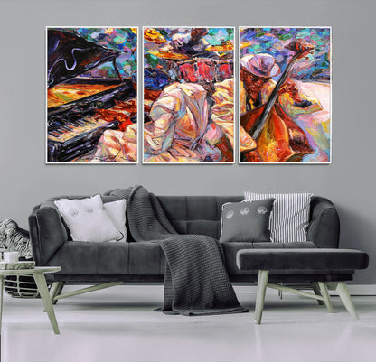 13675-MGV-FC-60X30-3P_White-Jazz Band Wall Art Canvas Print, Framed Jazz Oil Painting Art Picture Print, Vibrant Music Perfect Abstract Musical Decor Artwork