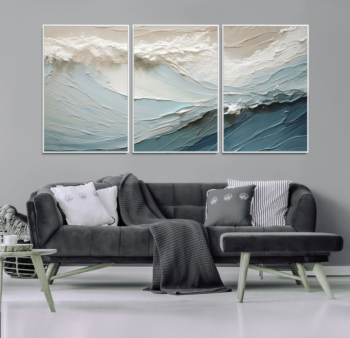 53646-MGV-CV-36X24-Ocean Wave Wall Art Canvas Print, Framed Textured Seascape Art Picture Print, Modern Ocean Perfect Minimal Coastal 2/2 Decor