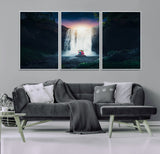 56359-MGV-FC-60X30-3P_White-Lilo Stitch Wall Art Canvas Print, Framed Stitch Angel Art Picture Print, Cartoon Waterfall Perfect Tropical Fantasy Decor Artwork