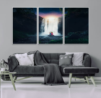 56359-MGV-FC-60X30-3P_White-Lilo Stitch Wall Art Canvas Print, Framed Stitch Angel Art Picture Print, Cartoon Waterfall Perfect Tropical Fantasy Decor Artwork