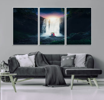 56359-MGV-CV-36X24-Lilo Stitch Wall Art Canvas Print, Framed Stitch Angel Art Picture Print, Cartoon Waterfall Perfect Tropical Fantasy Decor Artwork