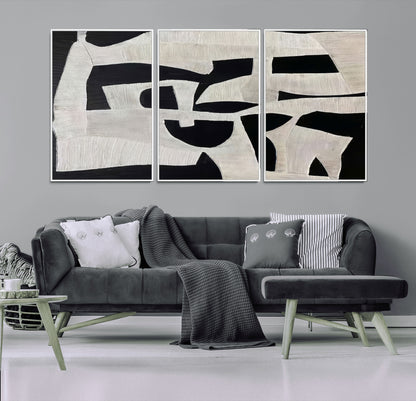 33714-MGV-CV-36X24-Monochrome Design Wall Art Canvas Print, Framed Modern Linework Art Picture Print, Textured Shapes Perfect Monochrome Modern Decor