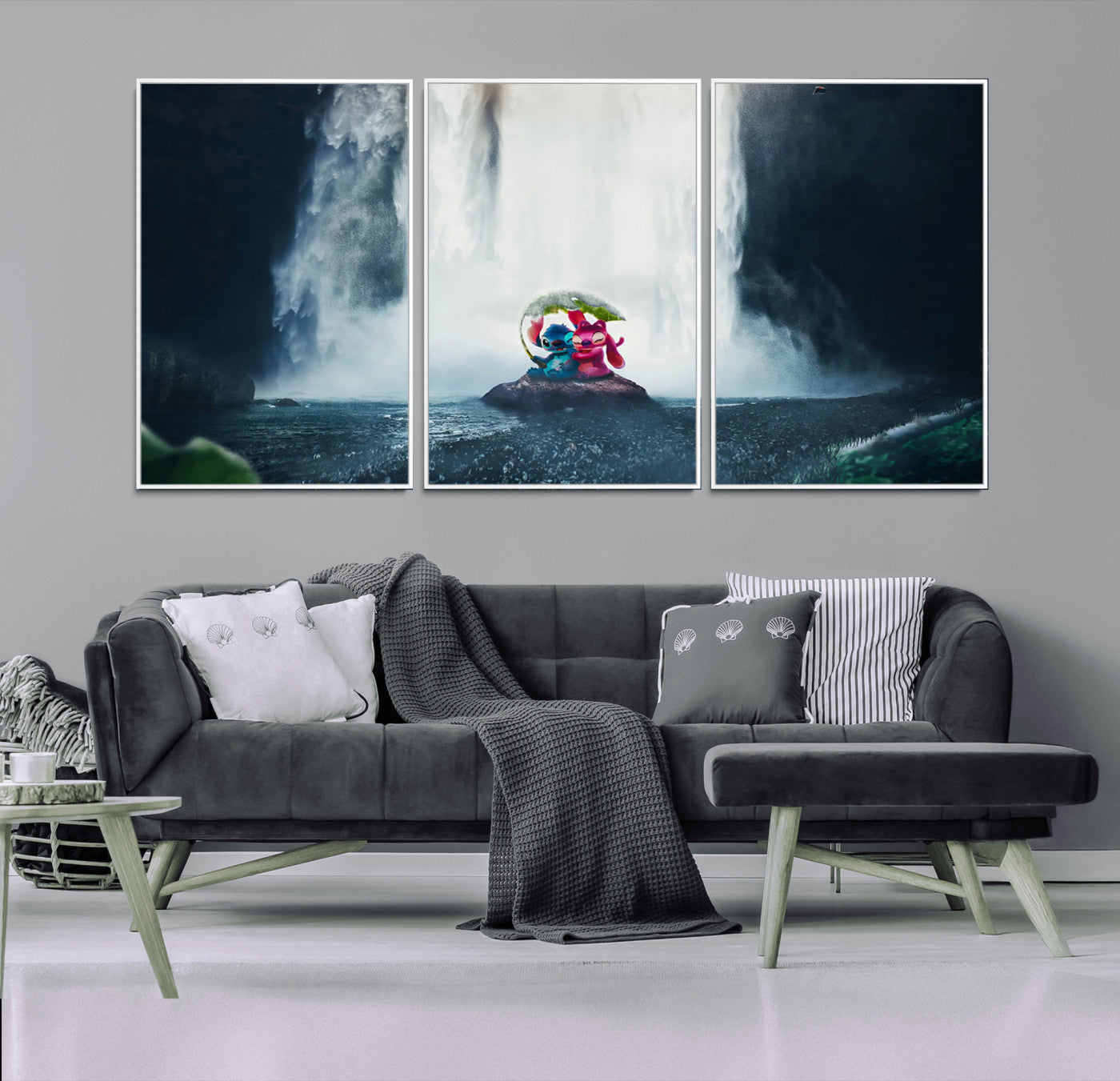 32259-MGV-CV-36X24-Stitch Angel Wall Art Canvas Print, Framed Stitch Waterfall Art Picture Print, Cartoon Couple Perfect Moody Fantasy Decor Artwork
