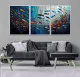 89626-MGV-FC-60X30-3P_White-Fish Swarm Wall Art Canvas Print, Framed Abstract Ocean Art Picture Print, Underwater Life Perfect Vibrant Coastal Decor Artwork