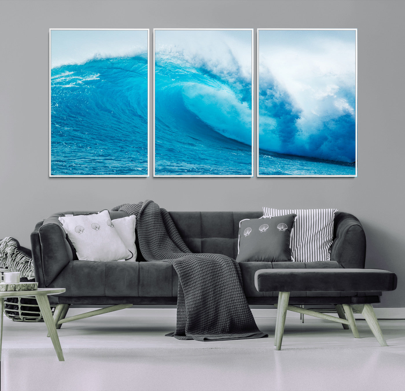 15566-MGV-FC-60X30-3P_White-Ocean Wave Wall Art Canvas Print, Framed Curling Wave Art Picture Print, Vibrant Surf Wave Perfect Coastal Surf Decor Artwork