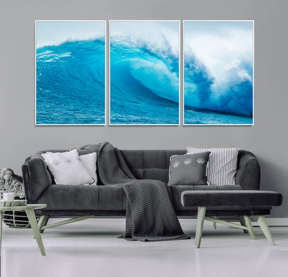 15566-MGV-FC-60X30-3P_White-Ocean Wave Wall Art Canvas Print, Framed Curling Wave Art Picture Print, Vibrant Surf Wave Perfect Coastal Surf Decor Artwork