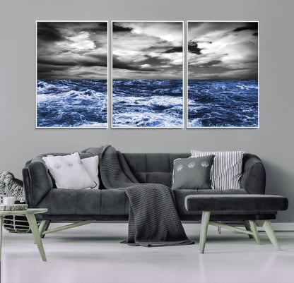 91043-MGV-FC-60X30-3P_White-Stormy Ocean Wall Art Canvas Print, Framed Moody Seascape Art Picture Print, Monochrome Sea Perfect Coastal Drama Decor Artwork