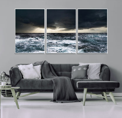 51359-MGV-FC-60X30-3P_White-Stormy Ocean Wall Art Canvas Print, Framed Moody Seascape Art Picture Print, Ocean Storm Perfect Dramatic Coastal Decor Artwork