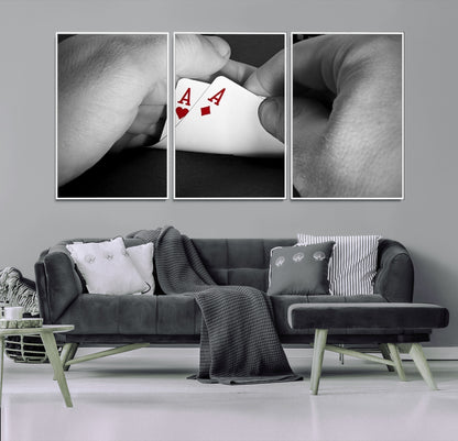 62460-MGV-CV-36X24-Poker Game Wall Art – Close Up of Hands Holding Aces with Chips, Casino Style Decor for Game Room, Man Cave or Office