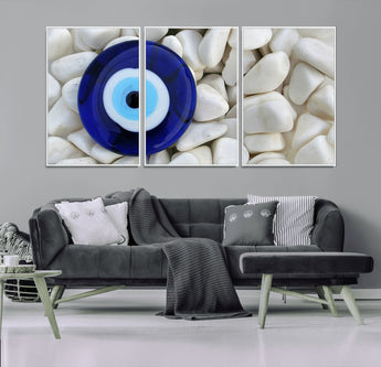 48883-MGV-FC-60X30-3P_White-Evil Eye Wall Art – Deep Blue Symbol of Presence and Calm on White Stones, Subtle Spiritual Decor for Entryway, Studio, Office or