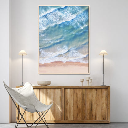 81208260-MGV-CV-24X36-Aerial Ocean Wall Art Canvas Print, Framed Blue Waves Art Picture Print, Sandy Shoreline Perfect Modern Coastal Decor Artwork