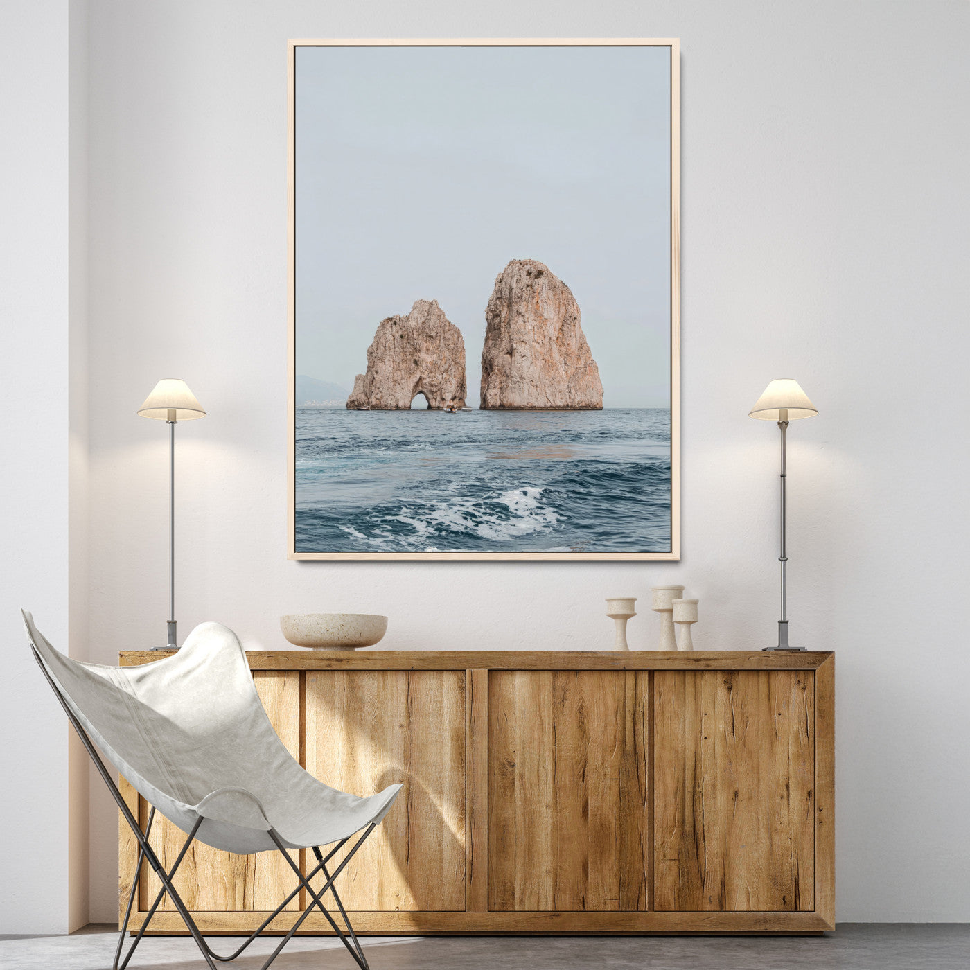 23148844-MGV-CV-24X36-Faraglioni Capri Wall Art Canvas Print, Framed Serene Ocean Art Picture Print, Mediterranean Coastal Perfect Mediterranean