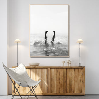 43900465-MGV-CV-24X36-Minimal Ocean Wall Art Canvas Print, Framed Monochrome Diving Art Picture Print, Swimmer in Sea Perfect Minimalist Coastal Decor