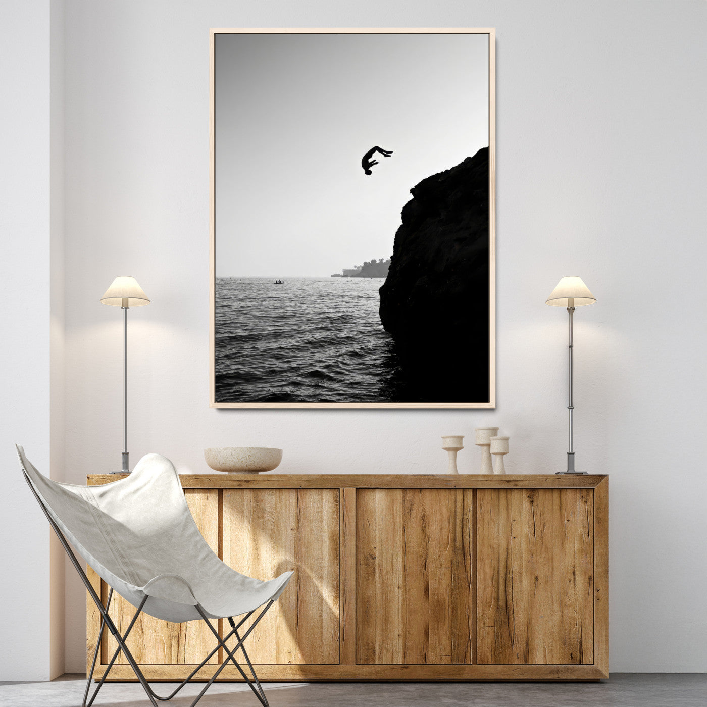 99497106-MGV-CV-24X36-Cliff Jumping Wall Art Canvas Print, Framed Black White Ocean Art Picture Print, Monochrome Cliff Perfect Minimalist Adventure