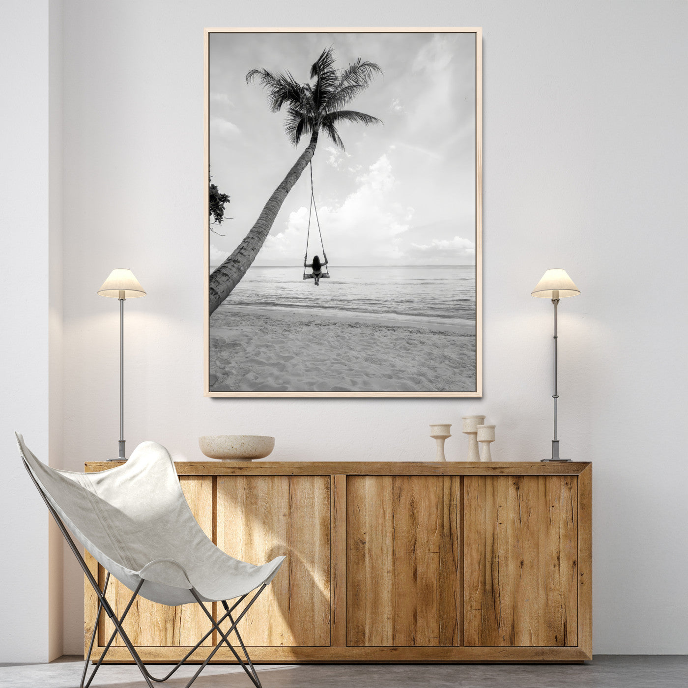 78460277-MGV-CV-24X36-Black White Palms Wall Art Canvas Print, Framed Beach Swing Art Picture Print, Monochrome Coastal Perfect Minimalist Coastal Decor