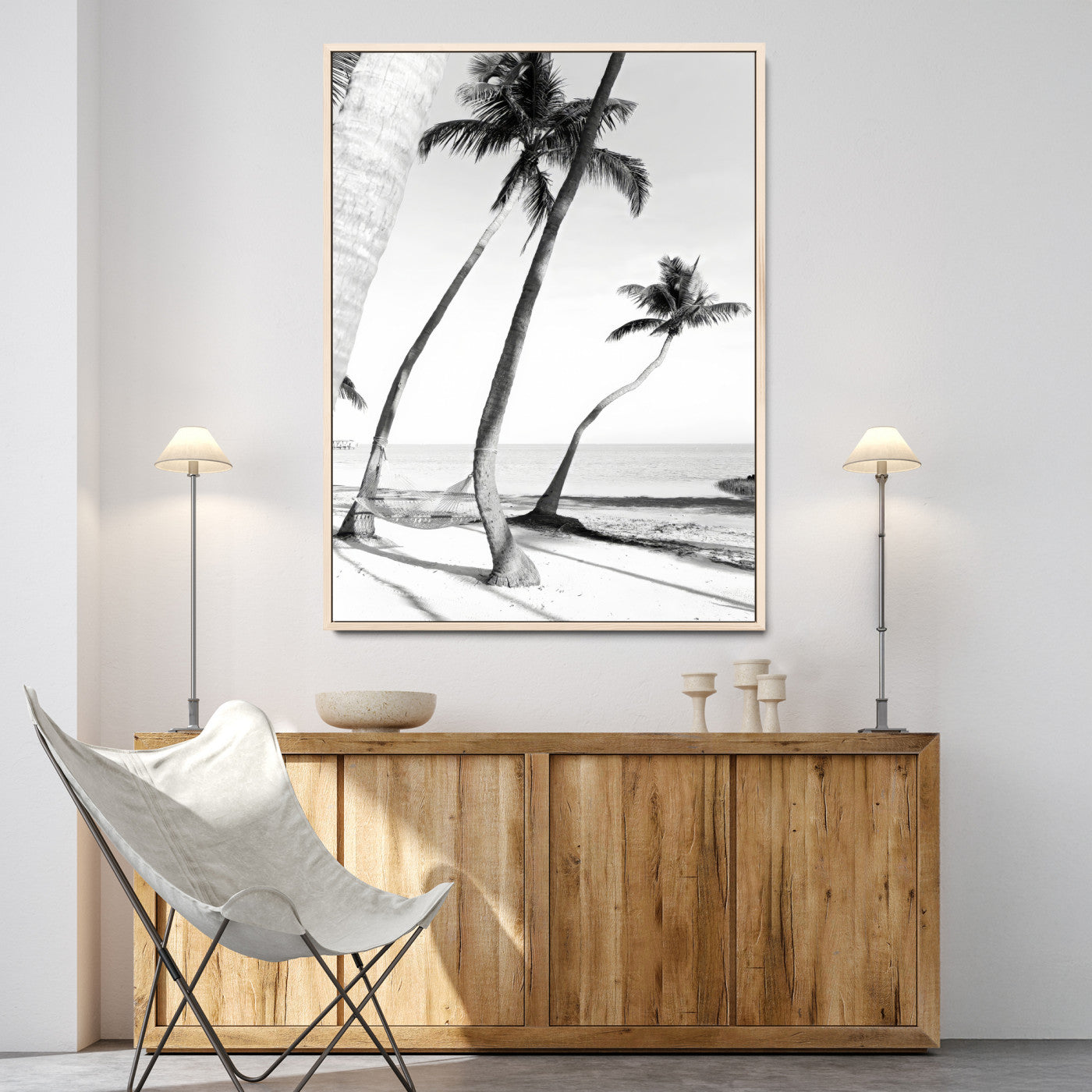 50406026-MGV-CV-24X36-Black White Palms Wall Art Canvas Print, Framed Tropical Beach Art Picture Print, Minimalist Coastal Perfect Coastal Minimalist