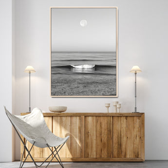 96234442-MGV-CV-24X36-Black White Ocean Scene Wall Art Canvas Print, Framed Full Moon Over Sea Art Picture Print, Tranquil Coastal Canvas Perfect