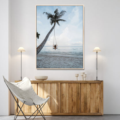 86062249-MGV-CV-24X36-Tropical Swing Wall Art Canvas Print, Framed Ocean Horizon Art Picture Print, Palm Trees Perfect Tropical Minimalist Decor Artwork