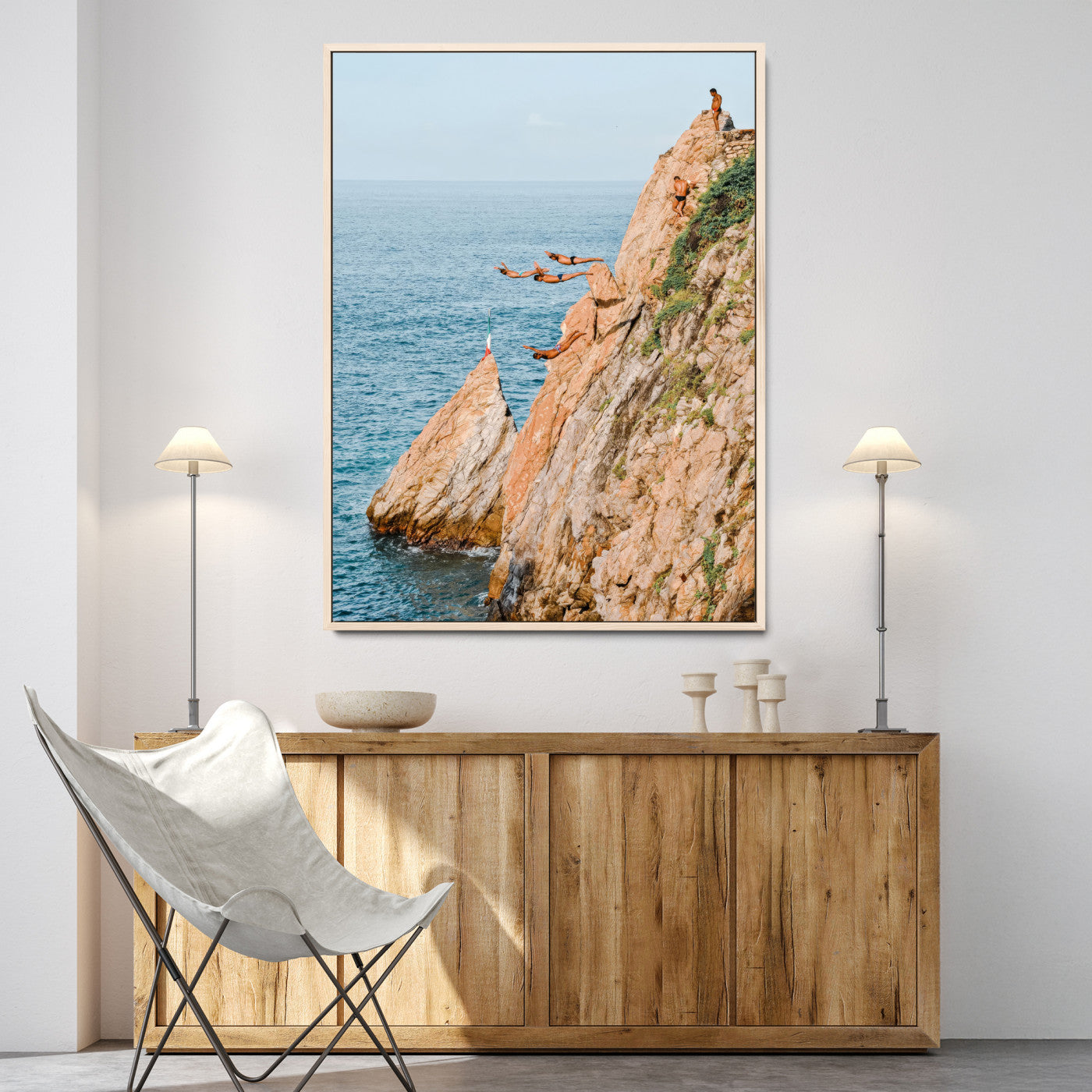 74527880-MGV-CV-24X36-Cliff Divers Wall Art Canvas Print, Framed Ocean Adventure Art Picture Print, Coastal Movement Perfect Adventurous Coastal Decor