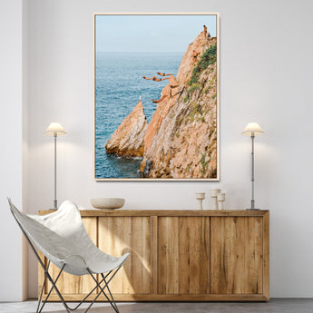74527880-MGV-CV-24X36-Cliff Divers Wall Art Canvas Print, Framed Ocean Adventure Art Picture Print, Coastal Movement Perfect Adventurous Coastal Decor