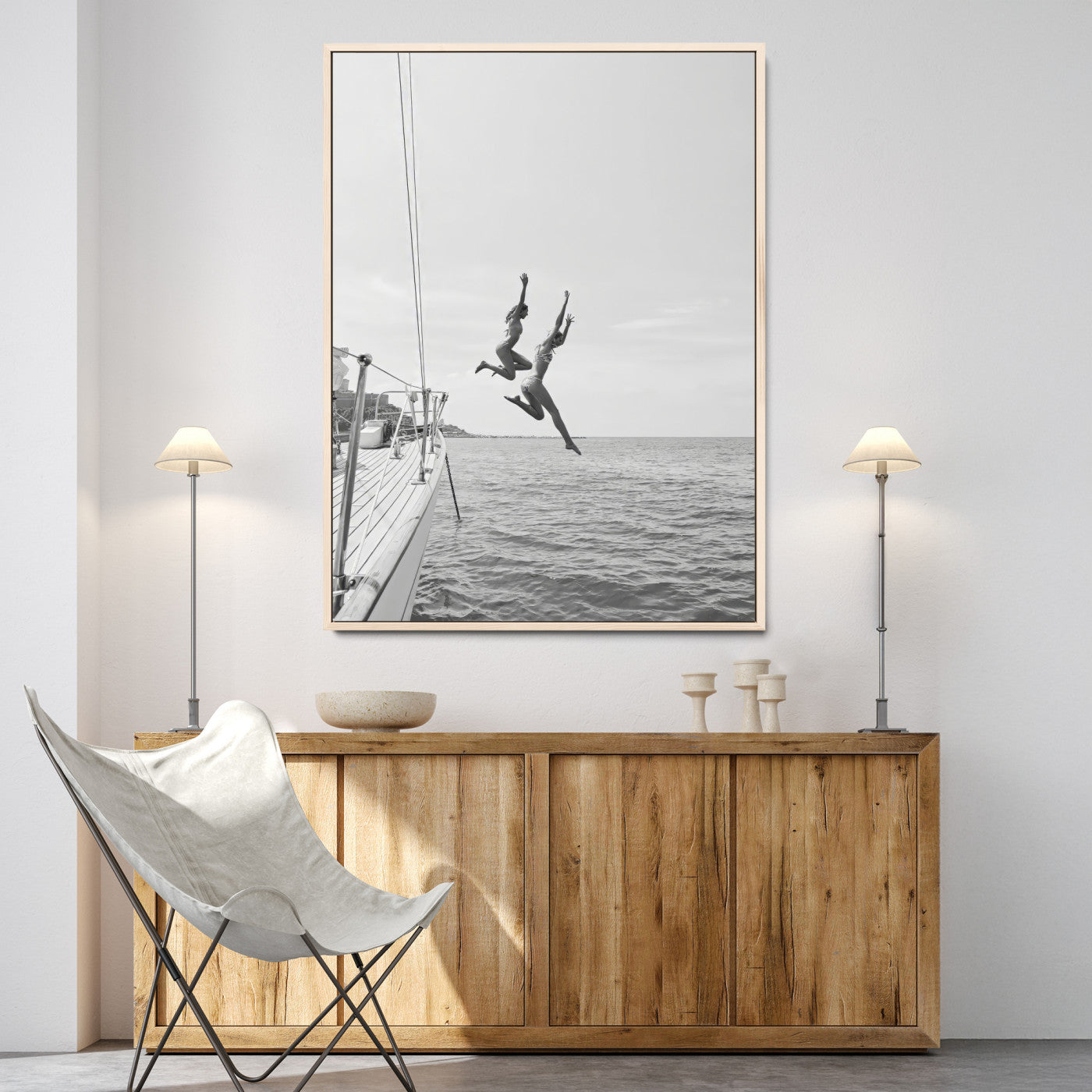 74555508-MGV-CV-24X36-Black White Sailing Wall Art Canvas Print, Framed Ocean Adventure Art Picture Print, Summer Energy Perfect Modern Minimalism Decor