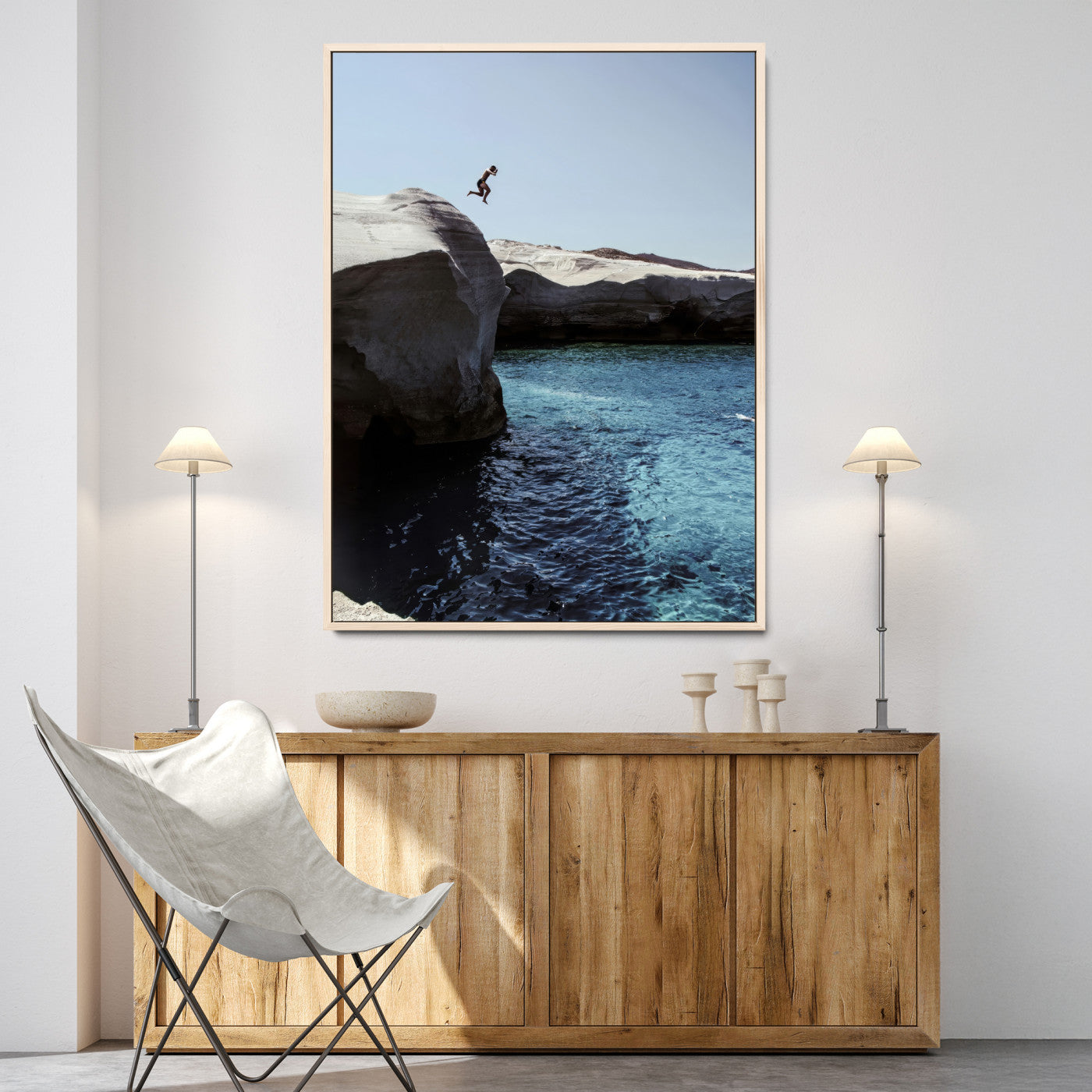 96853328-MGV-CV-24X36-Cliff Diving Wall Art Canvas Print, Framed Turquoise Sea Art Picture Print, Ocean Adventure Perfect Coastal Minimalist Decor