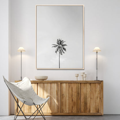 67263674-MGV-CV-24X36-Lone Palm Tree Wall Art Canvas Print, Framed Minimalist Tropical Art Picture Print, Monochrome Beach Perfect Modern Coastal