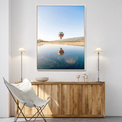 98091684-MGV-CV-24X36-Hot Air Balloon Wall Art Canvas Print, Framed Flight Reflection Art Picture Print, Peaceful Lakeside Perfect Modern Minimalist